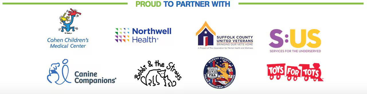 VIP Auto Group community partners: Cohen Children's Medical Center, Northwell Health, Suffolk County United Veterans, S:US, Canine Companions, Bobbi & the Strays, Nassau County PBA, Toys for Tots