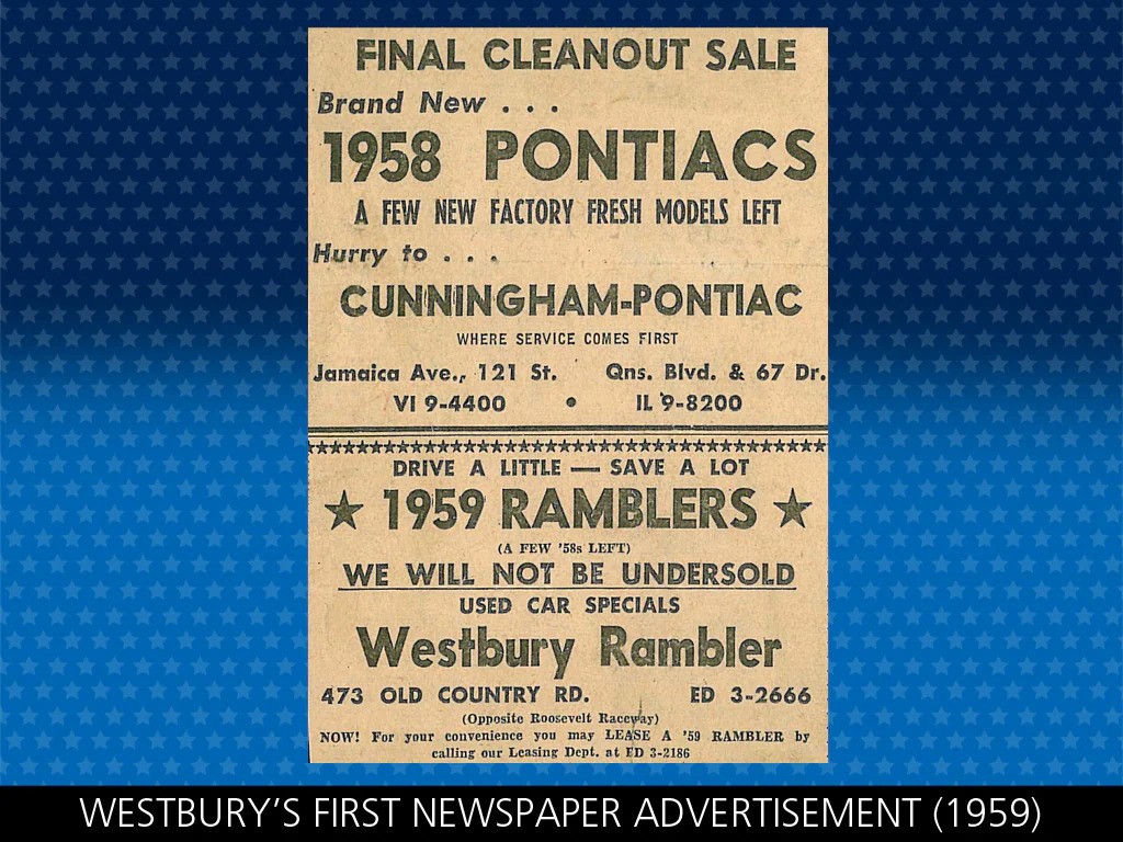 Westbury Rambler's first newspaper advertisement, 1959