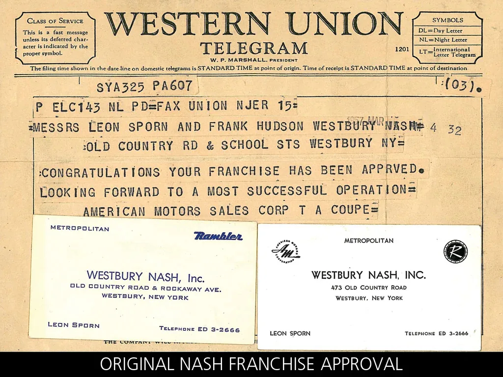Original Nash franchise approval telegram from American Motors